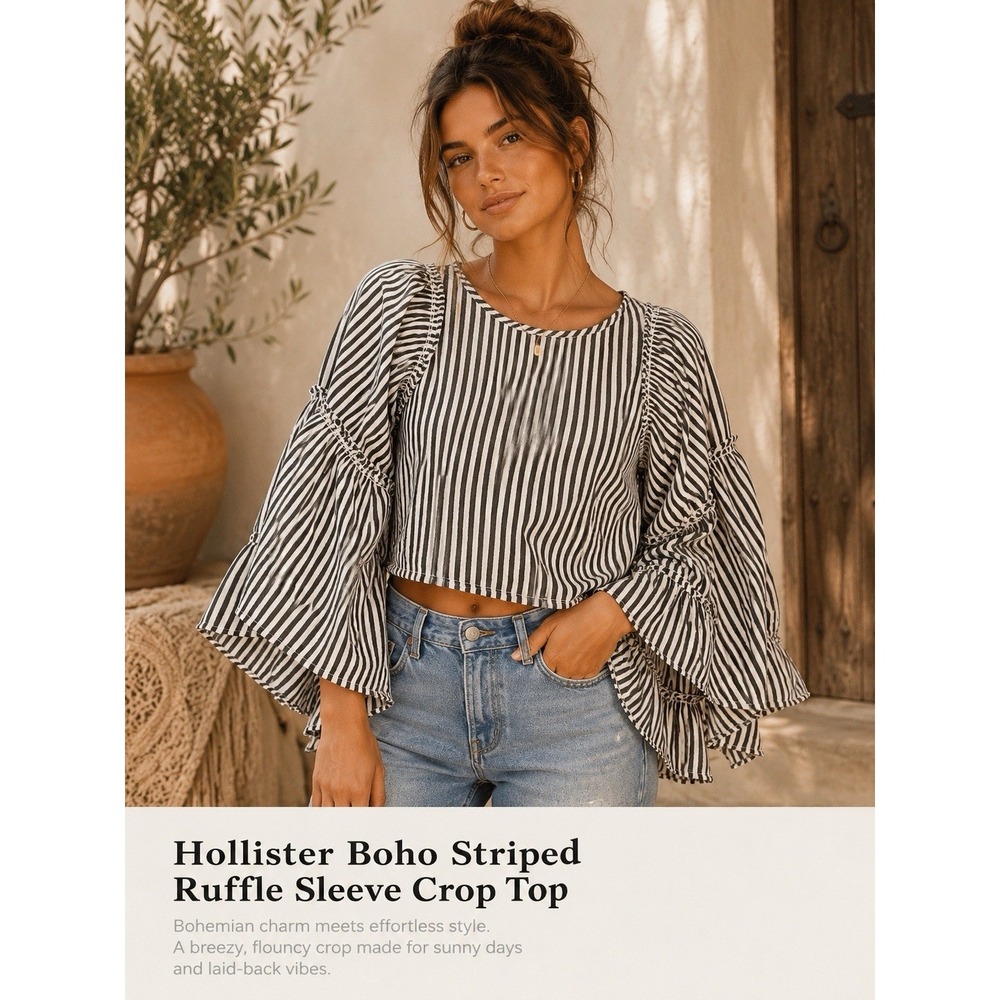 Hollister Women's S Black White Striped Boho Crop Top Ruffle Bell Sleeve